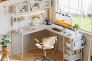L Shaped Desk, 58 Computer desk with Storage Shelves, Reversible Gaming Desk with Power Outlet, Corner Desks for Home Office, Study, White