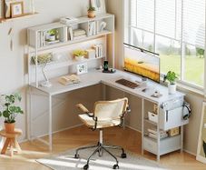 L Shaped Desk, 58 Computer desk with Storage Shelves, Reversible Gaming Desk with Power Outlet, Corner Desks for Home Office, Study, White