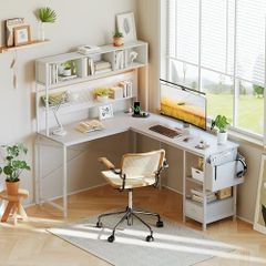 L Shaped Desk, 58 Computer desk with Storage Shelves, Reversible Gaming Desk with Power Outlet, Corner Desks for Home Office, Study, White