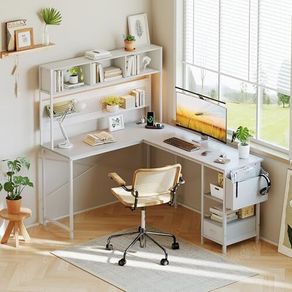 L Shaped Desk, 58 Computer desk with Storage Shelves, Reversible Gaming Desk with Power Outlet, Corner Desks for Home Office, Study, White