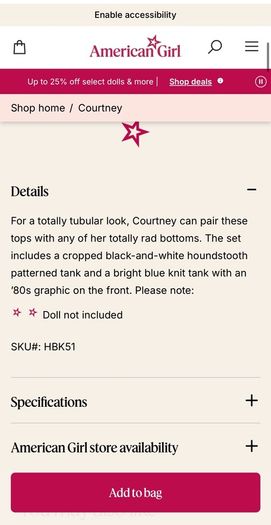 Courtney 1986 Tank top set  fits American Girl 18-Inch Doll -Brand new packing opened