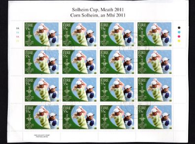 2011 Ireland The Solheim Cup Commemorative Stamp Sheetlet Plate 1A1A1A1A Fine Used with Dublin cancel of 16th September 2011 (First day of issued) on envelope extract.