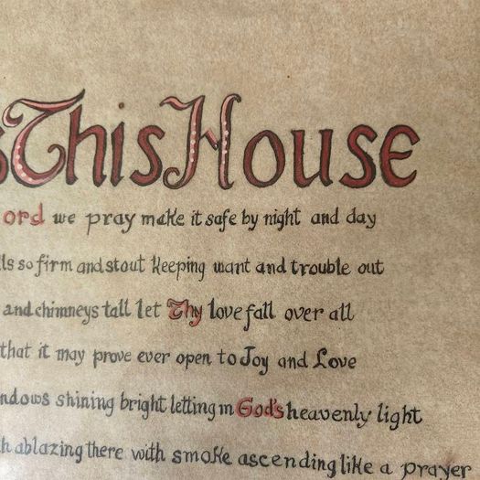 Vintage hand painted calligraphic "Bless This House" framed bespoke  picture, religious devotional item 1950s 1960s prop