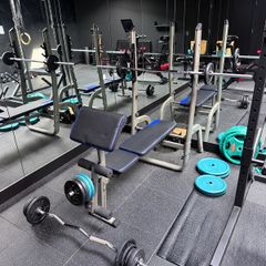 Domyos weights bench, preacher curl, lots of weights