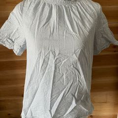 womens top ruffle neck short sleeve blue stripes Cath Kidston size 10