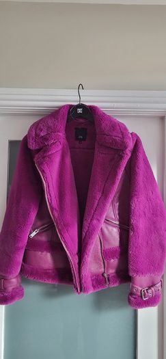 RIVER ISLAND fuschia faux leather and fur biker jacket Sz 14UK - Rrp 125 (New)