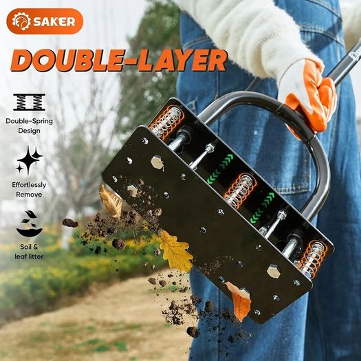 Lawn Aerator Tool, Lawn Aerator with 15 Iron Spikes, Automatic Leaf and Dirt Cleaning with Spring-Loaded Design, Metal Manual Aerator for Loosening Soil Aerating Patio, Yard, Garden