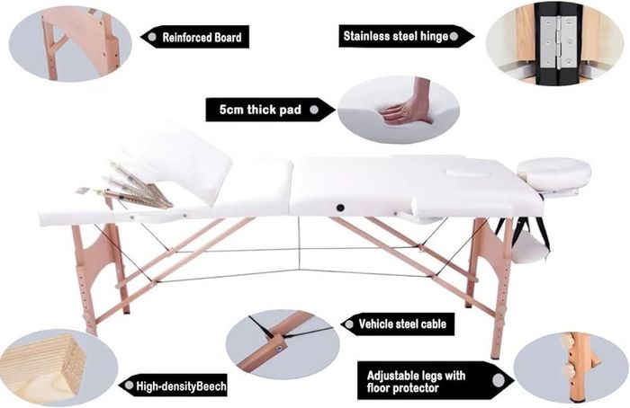 Portable Massage Bed Table - 3-Section Foldable Beauty Couch for Reiki Therapy Treatment Salon Healing - Metal Headrest Support/Carry Bag
