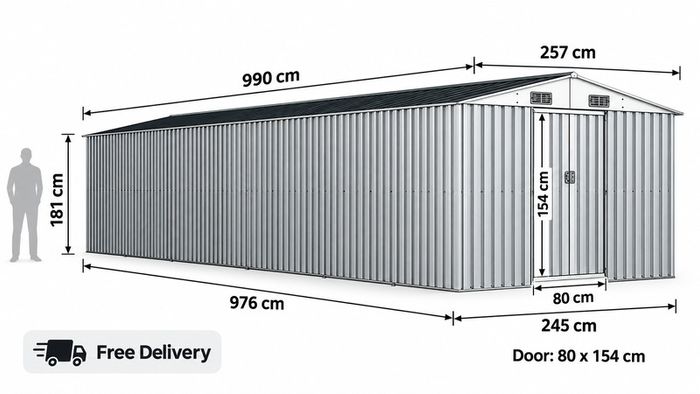 XXXL Large Grey Metal Garden Shed 8 x 32 ft Galvanised Steel
