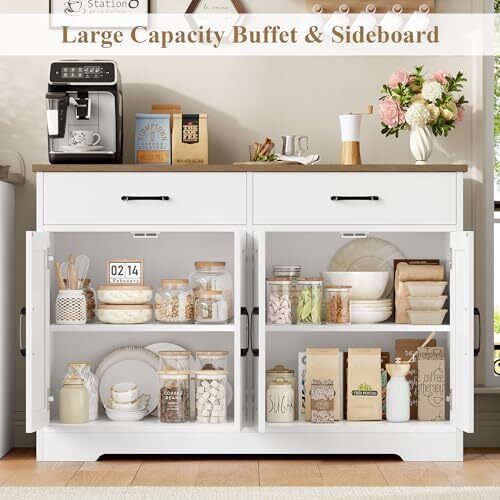 Sideboard, 120 cm Wide Kitchen Cabinet with Worktops, Kitchen Buffet Storage Cabinet with 2 Drawers and 4 Doors, Living Room, Kitchen, Hallway, White & Brown
