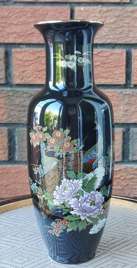 Japanese "Interpur" Ceramic Black Peacock/Floral Vase
