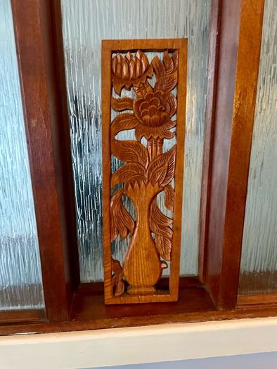 Hand Carved Long Balinese Wooden Sunflower Floral Relief Wall Art Decor Panel