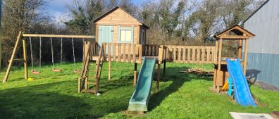 Large Wooden Jungle Gym / Playset with Swings, Slides & Waterproof Playhouse