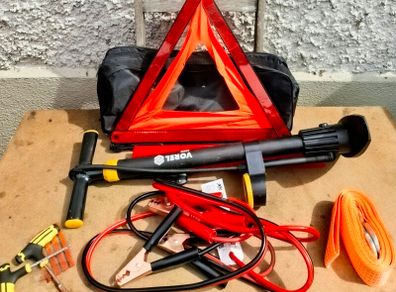 Complete Car Emergency Kit: Pump, Jump Leads, Tow Strap & Hi-Vis Vest