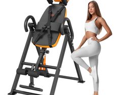 Inversion Table, 300lbs Capacity Heavy Duty Inversion Table, Decompression Back Stretcher Machine, Strength Training Equipment with Headrest, Ankle Lock, Adjustable Protective Belt, Orange/Black