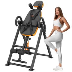 Inversion Table, 300lbs Capacity Heavy Duty Inversion Table, Decompression Back Stretcher Machine, Strength Training Equipment with Headrest, Ankle Lock, Adjustable Protective Belt, Orange/Black