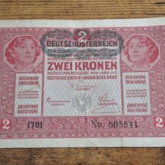 Austria-Hungary, 2 Kronen banknote, 1 March 1917, circulated, with overprint - free standard postage