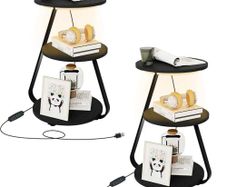 Side Table Set of 2, Bedside Small Coffee Table with 3 Color LED Lights, End Table with 3 Tier Storage Shelves for Living Room Bedroom, Black