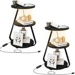 Side Table Set of 2, Bedside Small Coffee Table with 3 Color LED Lights, End Table with 3 Tier Storage Shelves for Living Room Bedroom, Black