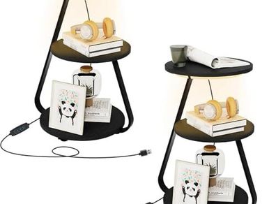 Side Table Set of 2, Bedside Small Coffee Table with 3 Color LED Lights, End Table with 3 Tier Storage Shelves for Living Room Bedroom, Black