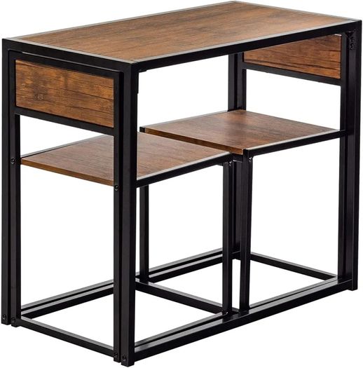 Brown & Black 2 Seater Compact Dining Set - 2 Chairs and Table - Two Person Kitchen Dinner Small Space Saving Wood Contemporary Finish