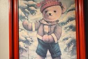 Teddy Bear  Print wearing a red hat in a red wooden frame