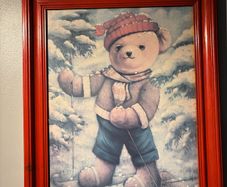 Teddy Bear  Print wearing a red hat in a red wooden frame