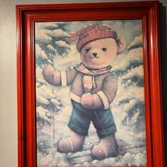 Teddy Bear  Print wearing a red hat in a red wooden frame
