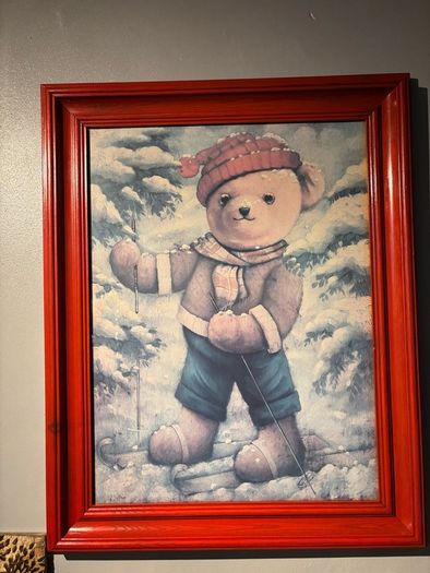 Teddy Bear  Print wearing a red hat in a red wooden frame