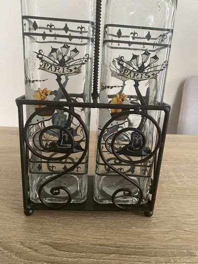 Reduced Set of tall oil and vinegar bottles in stand