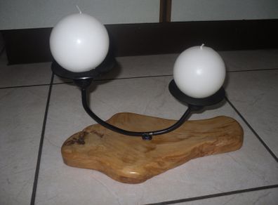 Brand new Hand Made Cast Iron Candle holders on wooden hand carved base - 2 New Candles included