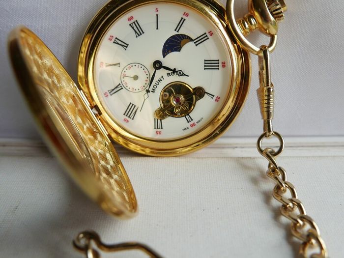 Mount Royal Half Hunter Gold Plated Sun and Moon Dial Pocket Watch (works perfectly)