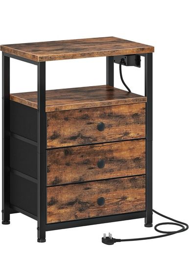 Bedside Table with Charging Station, End Table with 3 Fabric Drawers, Sofa Side Table with USB Ports and Socket, Nightstand for Bedroom, Living Room, Rustic Brown and Black