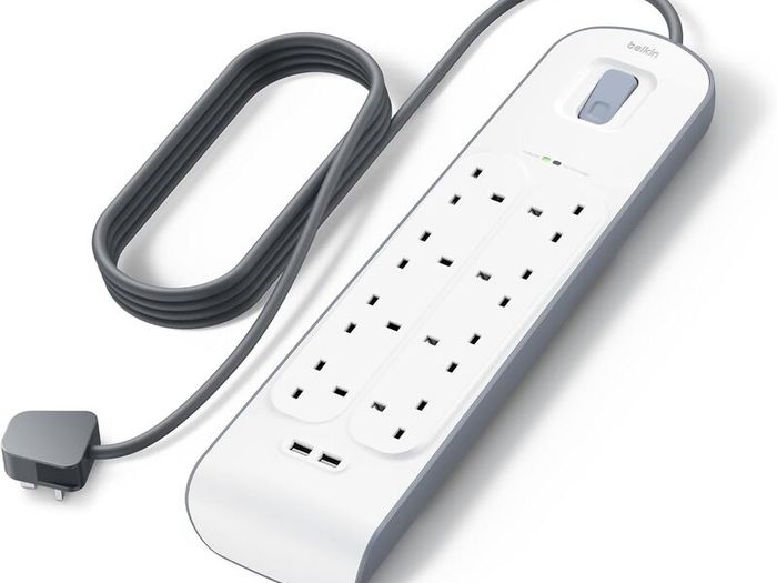 Extension Lead with USB Slots x 2 (2.4 A Shared), 8 Way/8 Plug Extension, 2m Surge Protected Power Strip - White