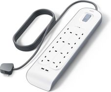 Extension Lead with USB Slots x 2 (2.4 A Shared), 8 Way/8 Plug Extension, 2m Surge Protected Power Strip - White