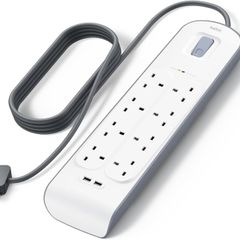 Extension Lead with USB Slots x 2 (2.4 A Shared), 8 Way/8 Plug Extension, 2m Surge Protected Power Strip - White