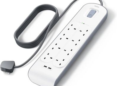 Extension Lead with USB Slots x 2 (2.4 A Shared), 8 Way/8 Plug Extension, 2m Surge Protected Power Strip - White
