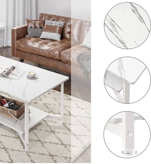 2-Tier Coffee Table with Open Shelf for Spacious Storage, Coffee Desk, Industrial-Style for Living Room, Home, Office White Marble (FREE POSTAGE)