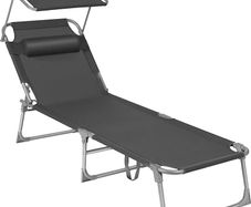 Sun Lounger, Deck Chair Folding, Sunbed, 193 x 53 x 29 cm, Max. Load 150 kg, with Sunshade Headrest Adjustable Backrest, Reclining Sun Chair for Terrace Pool Garden, Dark Grey (FREE POSTAGE)