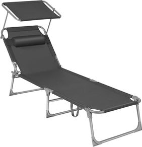 Sun Lounger, Deck Chair Folding, Sunbed, 193 x 53 x 29 cm, Max. Load 150 kg, with Sunshade Headrest Adjustable Backrest, Reclining Sun Chair for Terrace Pool Garden, Dark Grey (FREE POSTAGE)