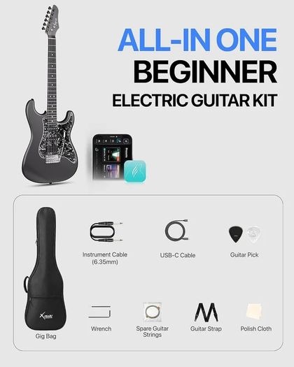 Smart Electric Guitar with Built-in DSP Effects, 4 Presets, USB-C OTG Recording, Headphone Output, Alnico Pickups w/Coil Split, Carbon Fiber Body, Gig Bag, Strap, Cable & Picks