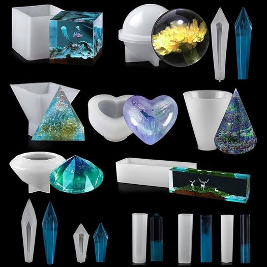 Resin Silicone Moulds, 13pcs Resin Kits for Beginners, Epoxy Resin Mold DIY Jewelry Craft Molds with Sphere, Cube, Pyramid, Diamond, Square, Round and Crystal Pendants