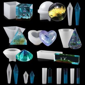 Resin Silicone Moulds, 13pcs Resin Kits for Beginners, Epoxy Resin Mold DIY Jewelry Craft Molds with Sphere, Cube, Pyramid, Diamond, Square, Round and Crystal Pendants