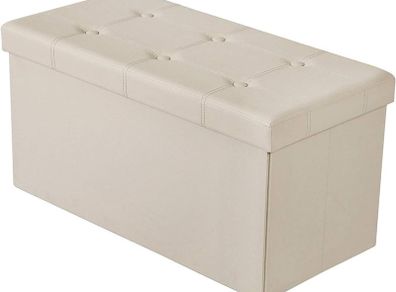 NEW | Folding Ottoman Storage Bench with Lid, Foot Stool Faux Leather Large Storage boxes with Lid, Beige, 76 x 38 x 38 cm
