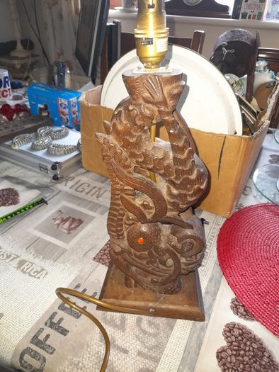 Hand Carved Wooden Table Lamp featuring a detailed Chinese Dragon. Carved Hardwood or Teak. Asian, dating from the Early to mid 20th century. postage available or collection