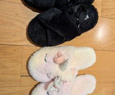 2-Pair Slipper Bundle: V-By-Very Black Fluffy Cross-Strap & Pink Unicorn Mule Slippers (Size S)