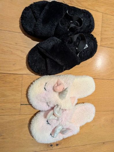 2-Pair Slipper Bundle: V-By-Very Black Fluffy Cross-Strap & Pink Unicorn Mule Slippers (Size S)
