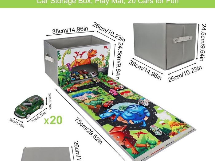 Toy Car Storage Box Play Mat with 20 Cars, Kids Storage Boxes with Handles, Foldable and Portable Toy Car Mats with Speed Roads for Boys Girls