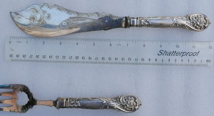Antique Large Ornate Silver plate Fish server set McDowell's of Dublin Floral etched with original box