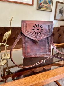 Vintage 1970s 1980s Hand Made Moroccan Leather Crossbody Bag Sunburst Motif